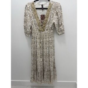 Me 2 Me Boho Midi Dress Cream Gold Metallic Print Sequin Trim Lace Up Large